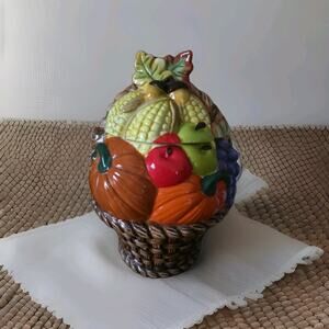 David’s Cookies Harvest Basket Cookie Jar - Autumn/Fall Hand Painted - Retired